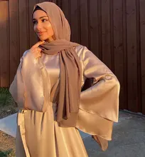 

Muslim Women Abaya Dress Fashion Satin Hijab Dresses Long Flare Sleeves Dubai Turkey Islamic Modest Abaya Gown Kaftan Party Eid