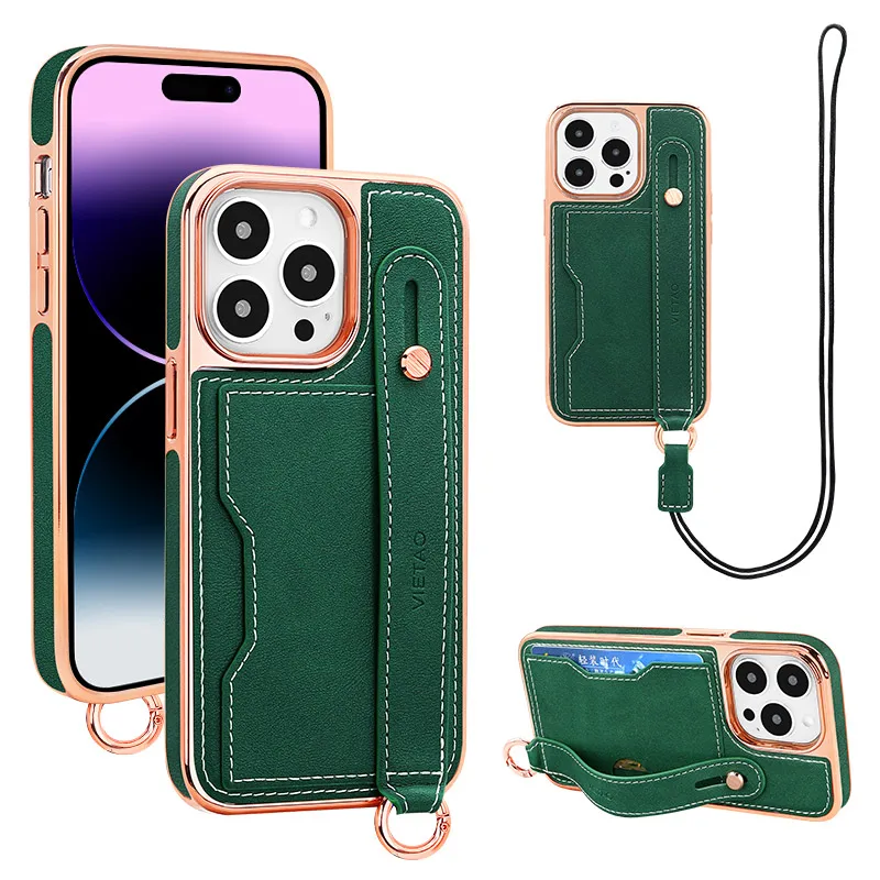 

Vietao 14pro ремешок на запястье ремень зеленый кожаный чехол для iphone 14 13 12 pro max 14plus держатель для карт чехол для мобильного телефона