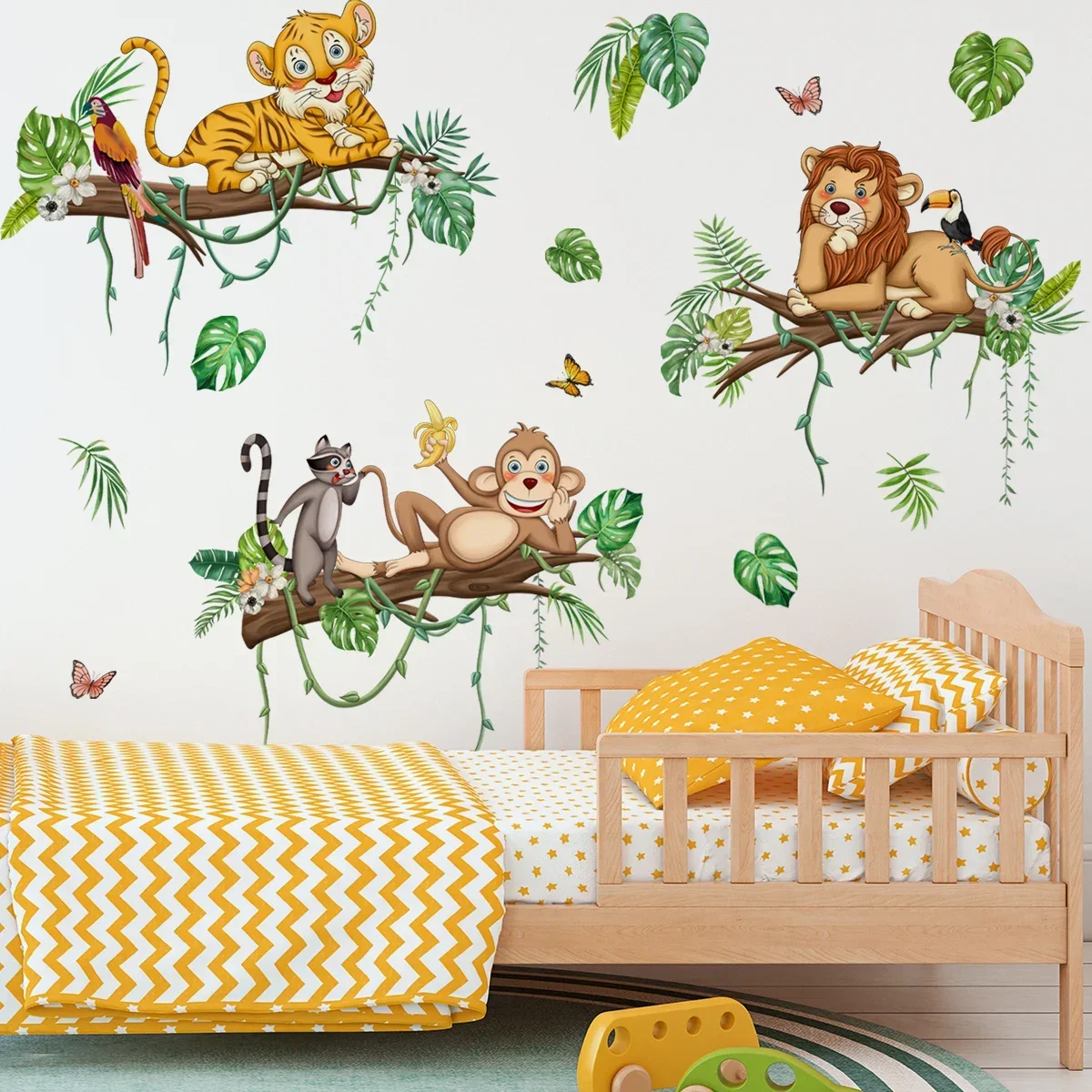 Forest Animals Theme Children's Wall Stickers for Kids Room Baby Room  Decoration Wallpaper Lion Green Leaf Wall Decals Nursery - AliExpress, image size:1200x1200