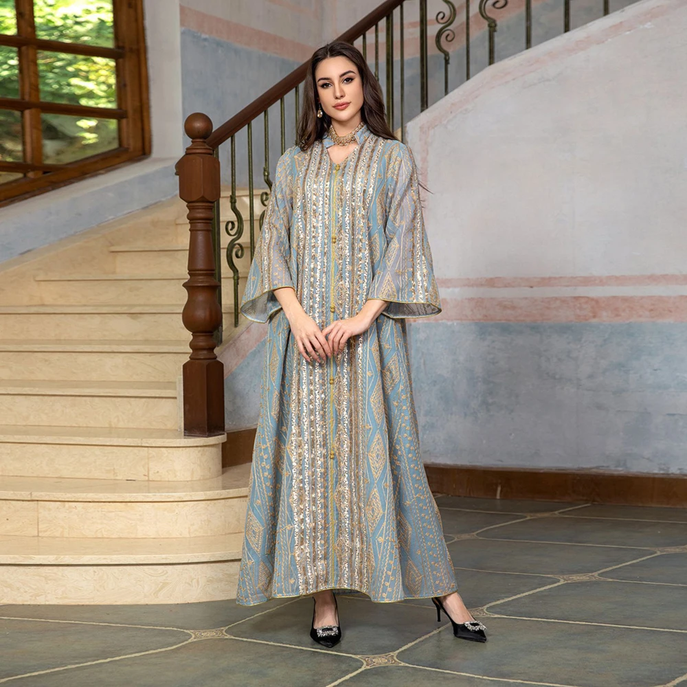 Zahraa Dubai Fashion Sequins Embroidery Abaya Chic And Elegant Women Evening Dress Long Sleeve Notched V-Neck Casual Robe 2026 5