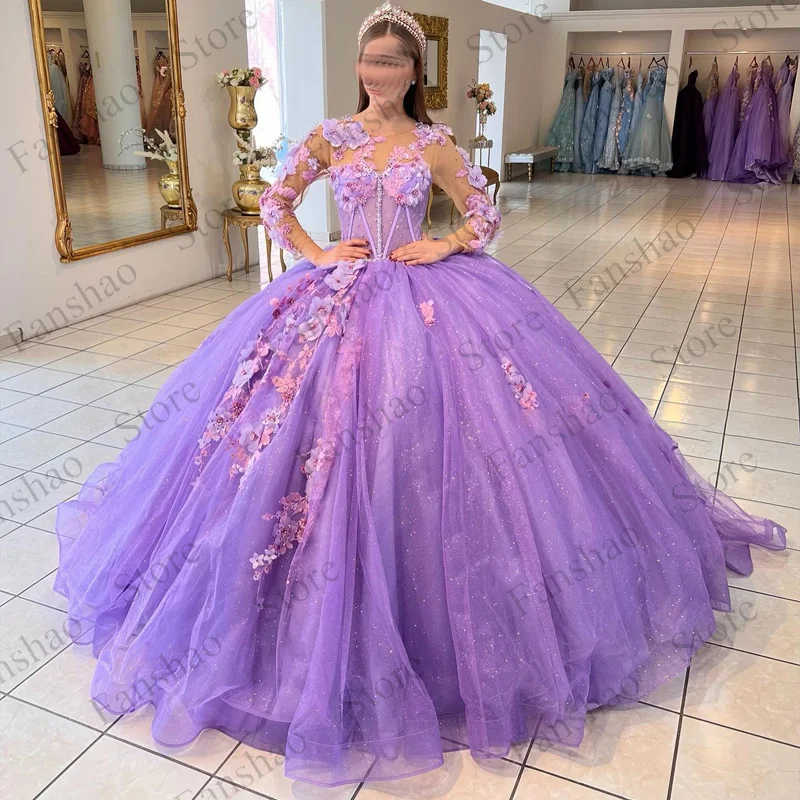 

Fansha simple Ball Gowns Princess Prom Dress Long Sleeves jewel Neck Floral Print Lace Up Crystals Pageant Made To Order