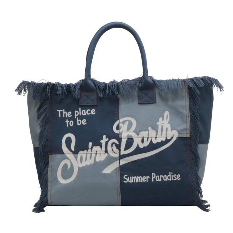 Bolso de mujer de gran capacidad, superventas 2024, bolso de hombro de lona de color sólido a la moda, bolso de mano de alta calidad con borlas y letras