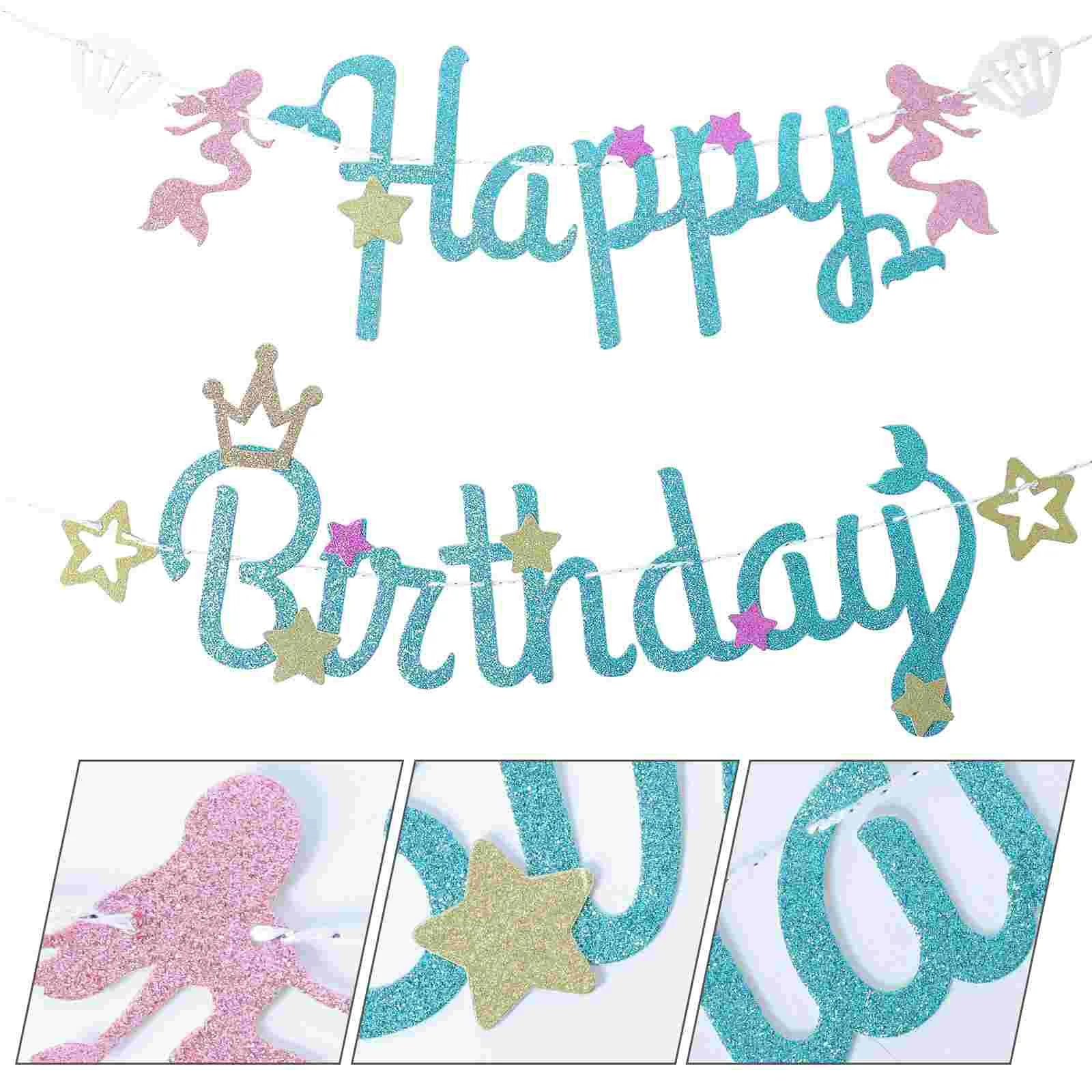 

Happy Birthday Sign Flag Banner for Kids Decorations Ocean Themed Party Mermaid Child