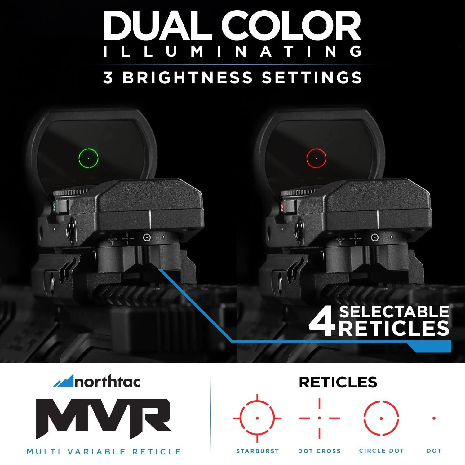 Original Northtac MVR Aluminum Reflex Adjustable 4 Reticle Styles Green / Red Dot Sight Scope Optics w/ Multi-Coated Lens