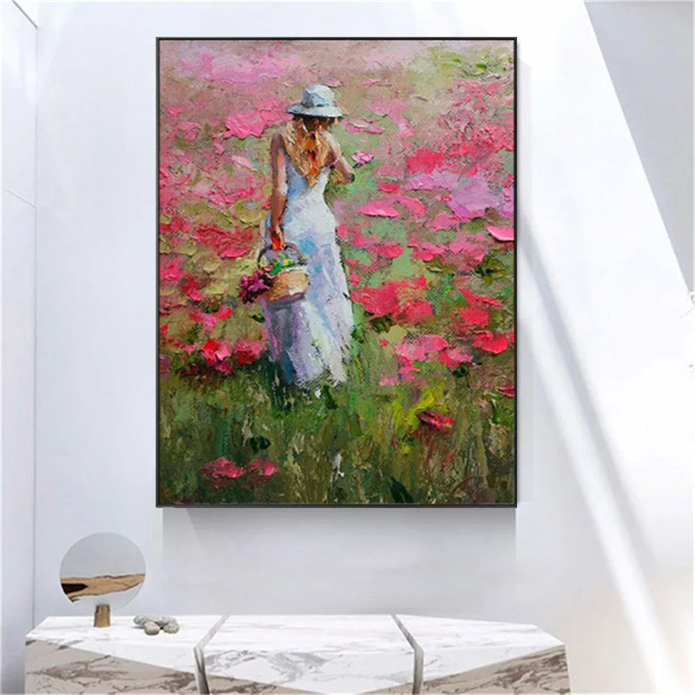 

Hand-Painted Palette Knife Textured Modern Wall Art Red Floral Oil Paintings On Canvas Pendant Painting For Living Room Bedroom