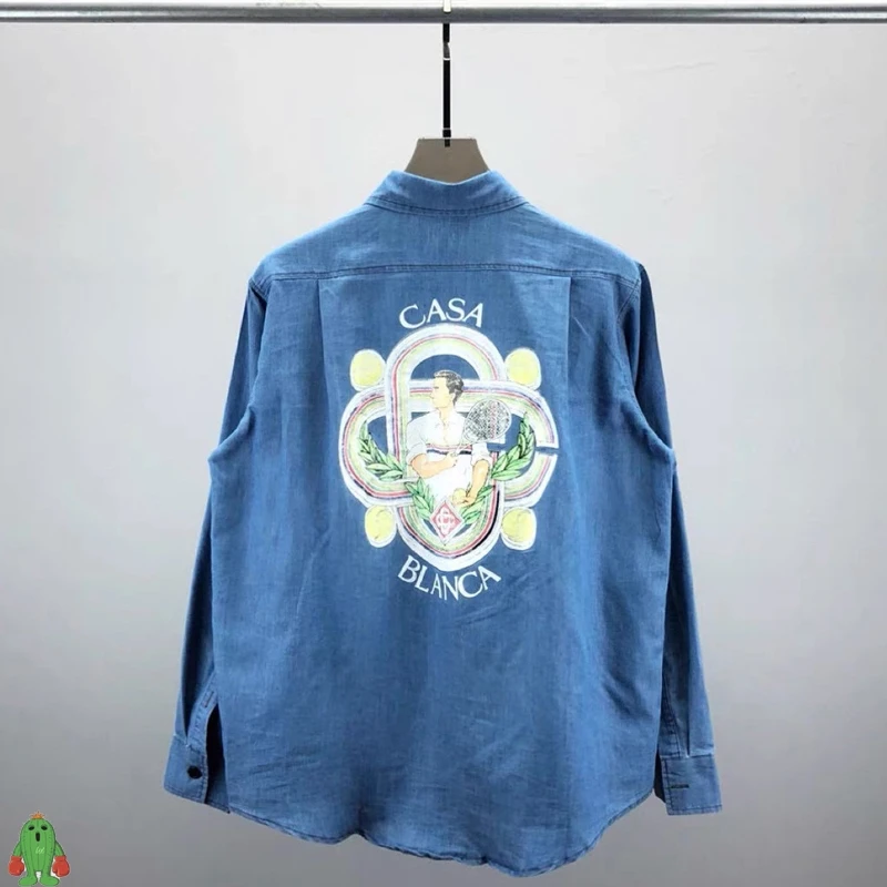 

Casablanca Denim Shirt High Quality Logo Sport Elements Print Men Women Vintage Loose Fashion Cotton Long Sleeve Shirts