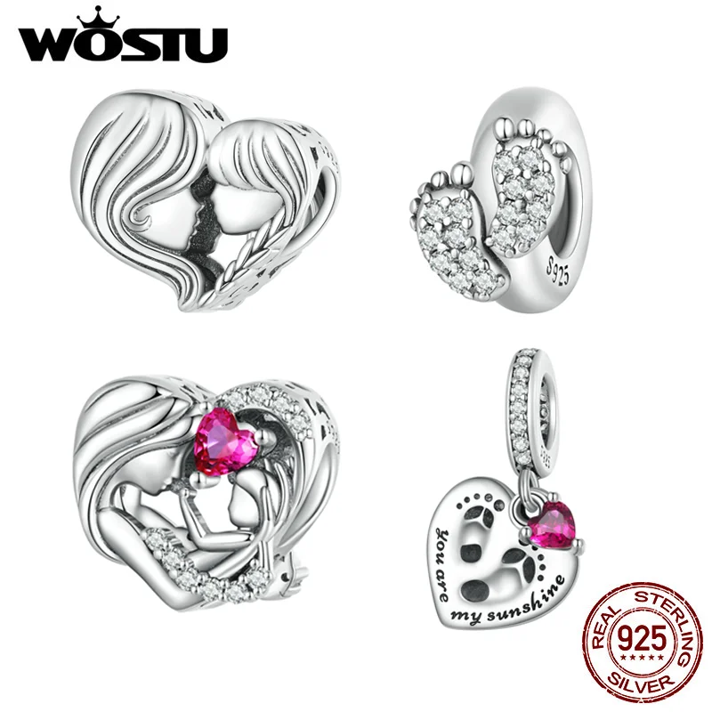 Wostu 925 Sterling Silver A Forma Di Cuore Mamma Amore Charms Ciondolo Rosso Cz Baby Bead Fit Braccialetto Originale Collana Fai Da Te Gioielli Per La