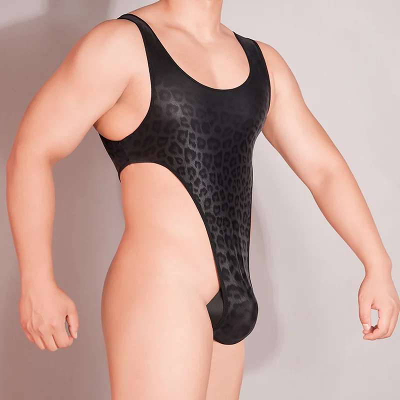 Black Leopard Print Men's Sexy Jumpsuit Stretch One-Piece Underwear Plus Size Bodysuit High Cut Rompers