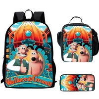 W-Wallace and G-Gromit 3pcs Backpack Cartoon School Bag for Boy Girl with Lunch Bag Pencil Box Backpack for Child Rucksack