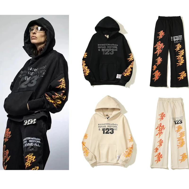

RRR123 Flame Kirin Arm To Do Old High Street Henry Collar Hoodie Hipster Micro Stretch Tracksuit Pant Autumn Winter Set