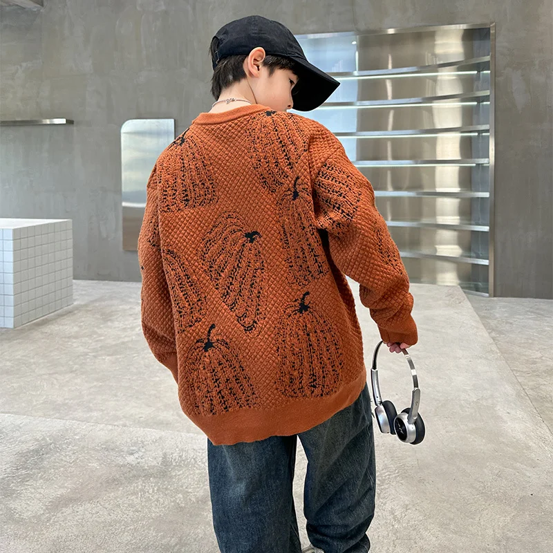 소년을위한 어린이 할로윈 호박 스웨터 멋진 니트 복장 의류 어린이 5-14T 청소년을위한 우아한 풀오버 니트웨어