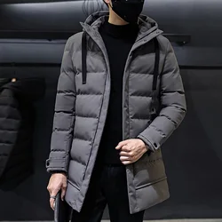 Winter High Quality Men Casual Fashion Solid Color Slim Hooded Zip Long Thick Warm Coat Overcoat Thick Hat Fashion Down Jacket