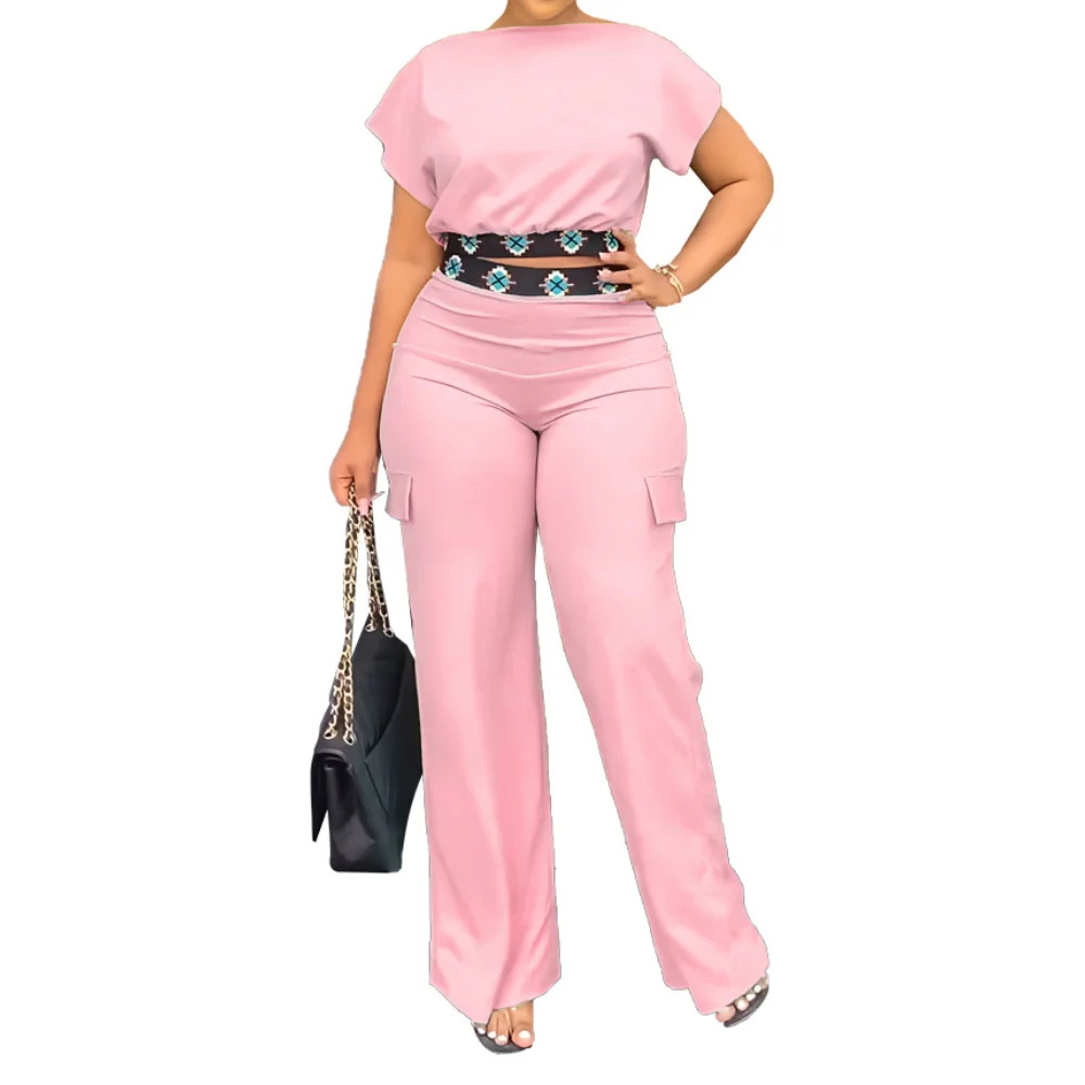 Two Piece Sets Women Outifit 2023 Summer Fashion Geometric Print Boat Neck Short Sleeve Crop Top & Casual Pocket Daily Pants Set