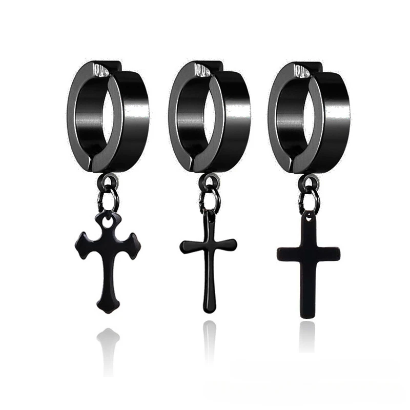 1pc Unisex Punk Fashion Men's Stainless Steel Cross Pendant Ear Clips Couple Non-Piercing Hoop Earrings for Women Ear Jewelry