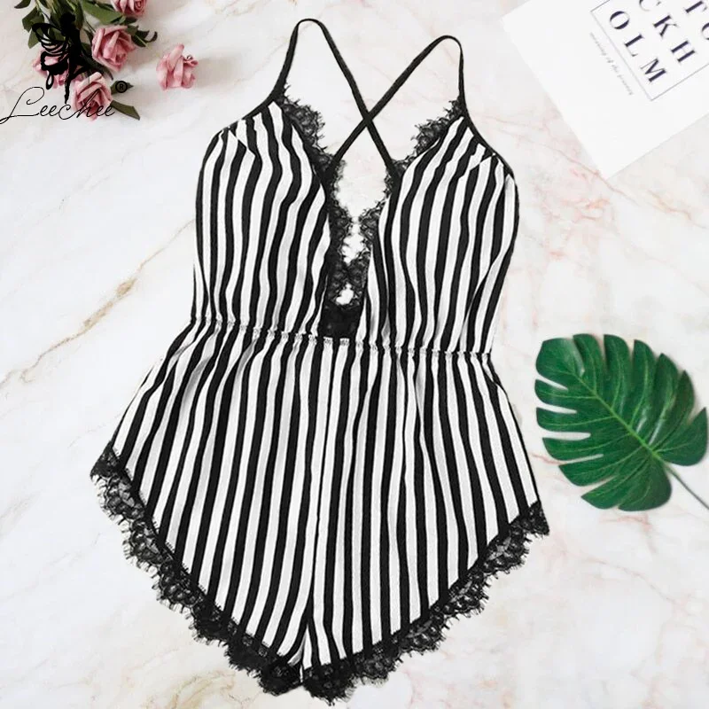 Leechee Sexy Striped Pajamas Women Deep V Home Clothes Bodysuit Sleepwear Comfortable Backless Lace Splice Body Shorts Nightwear