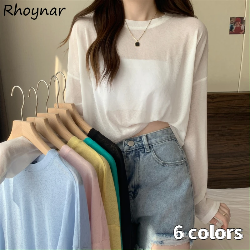 

Long Sleeve T-shirts Women Crop Candy Color Kawaii Sun-proof Simple Tender Lazy Casual Loose Holiday Summer Hot Sale Ulzzang BF