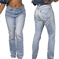 Fashion Rhinestone Sequin Jeans Y2K Pants Womens Gothic Hip Hop Pocket Embroidery Retro Blue Jeans High Waist Wide Leg Trousers 1