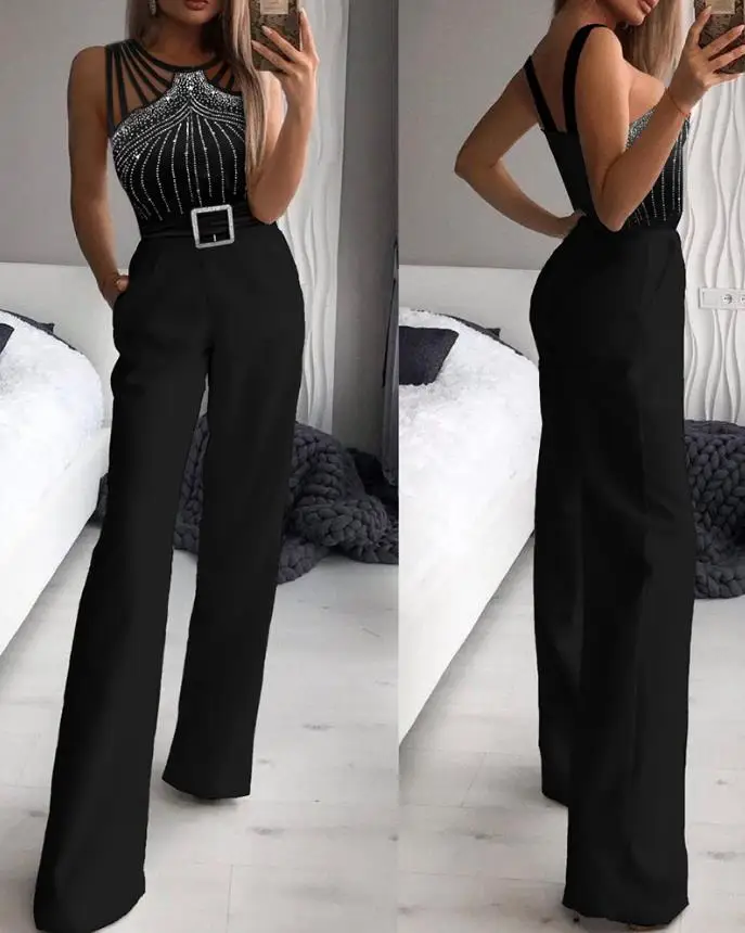 Women's Urban Jumpsuit 2024 Spring Summer Latest Elegant Multi Strap Sleeveless Rhinestone Bootcut Romper High Waist Bodysuit