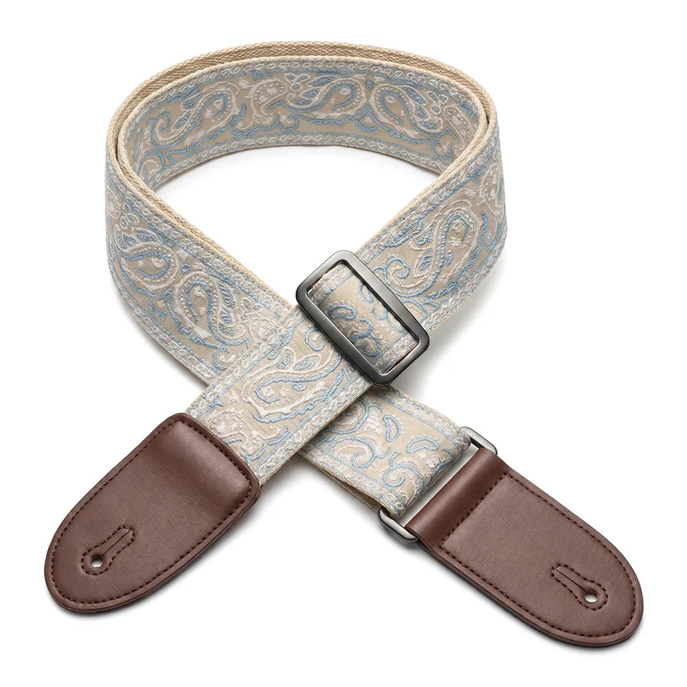 Embroidered Adjustable Guitar Strap with Leather Ends