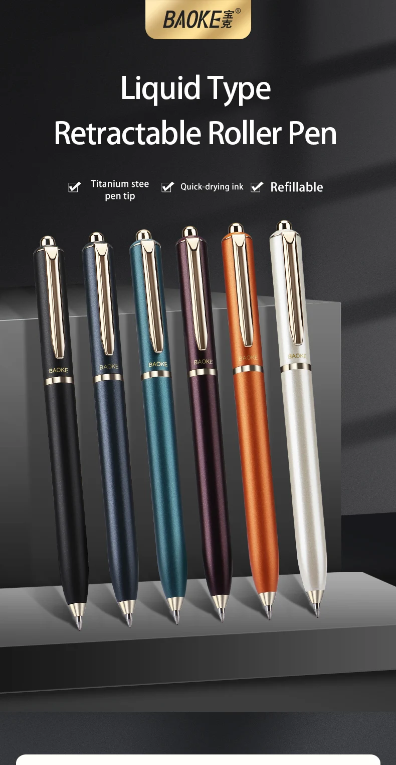 BAOKE BK123 0,5 mm einziehbarer Flüssigkeitsroller, Metallclip, Rundspitze, schwarze Tinte, sechs Fassfarben – Detail 1