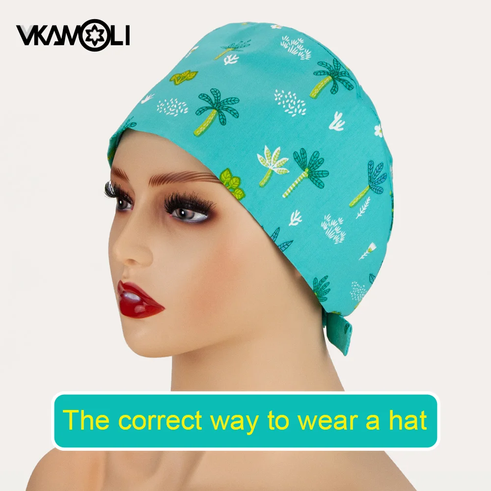 Women's Cotton Scrubs Caps Sweat-absorbent Elastic Section Pet Grooming Nursing Work Hats Lab Flower print Scrub Hat