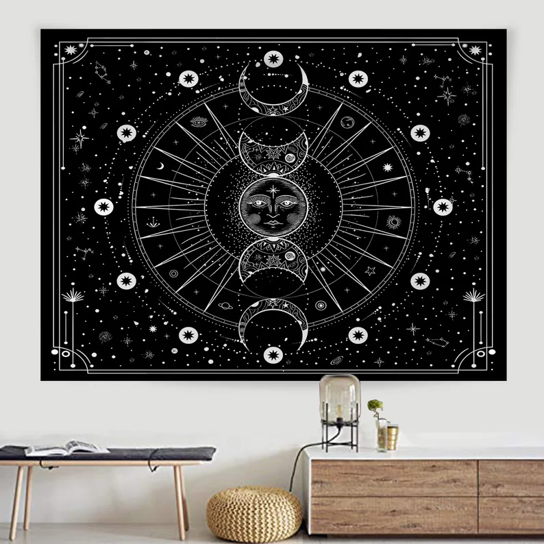 White Black Sun Moon Mandala Phase Wall Hanging Tapestry Moonlight Black Tapestries Boho Room Wall Decor Home Decoration