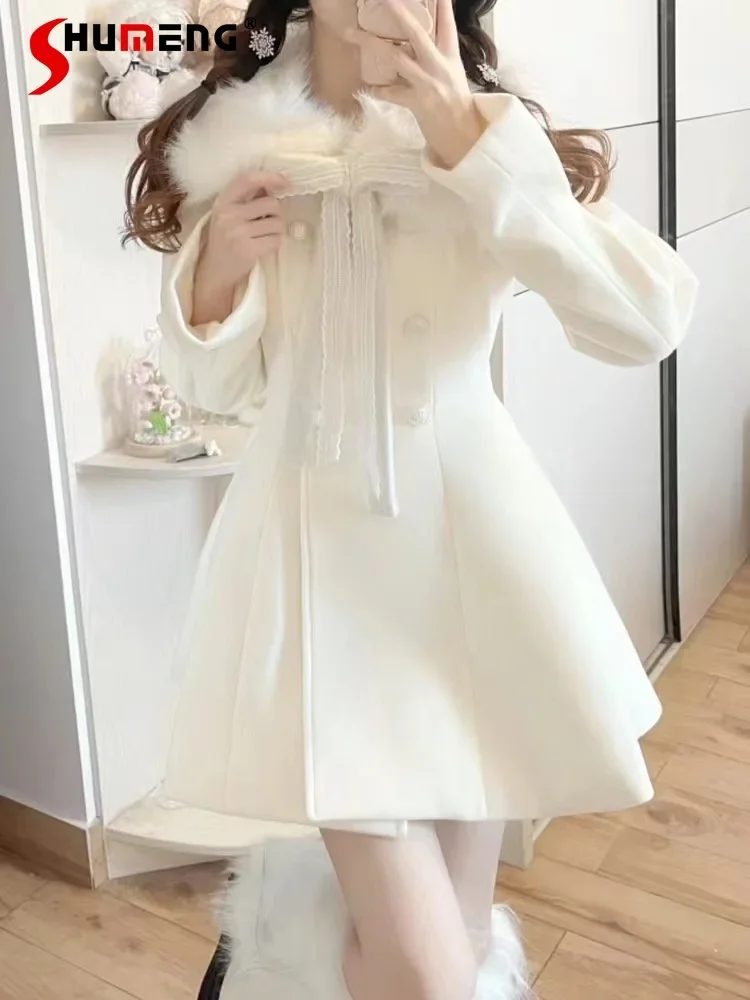 

Sweet Fur Collar Bowknot Woolen Coat Woman Winter New Elegant Milky White Long Sleeve Fitted Waist Mid-length Overcoat Female