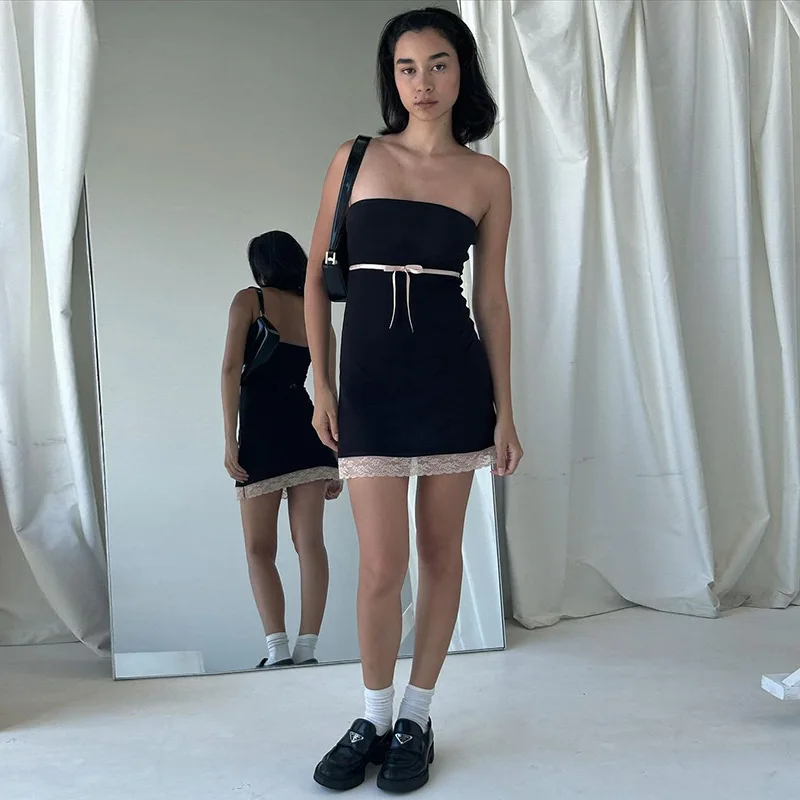 Nibber Solid Black Lace Patchwork Mini Dress For Women 2023 Summer Hipster Shiny Wrapped Chest Body-shaping Midnight Partywear