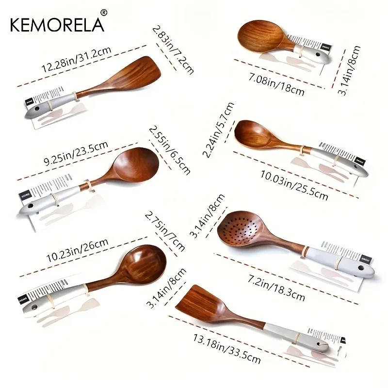 Thai Wooden Spoon Kitchen Non-Stick Food Grade Soup Spoon Rice Cookware Set 7PCS With Heat-Resistant Handles