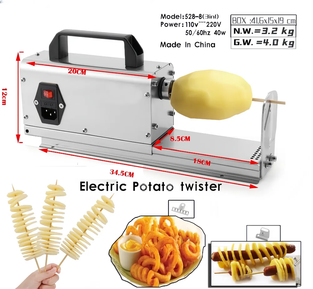Electric 3 in1 Tornado Potato Cutter Curly Fries Twist Hot Dog Potato Twister 110/220V Spiral Potato Cutting Machine