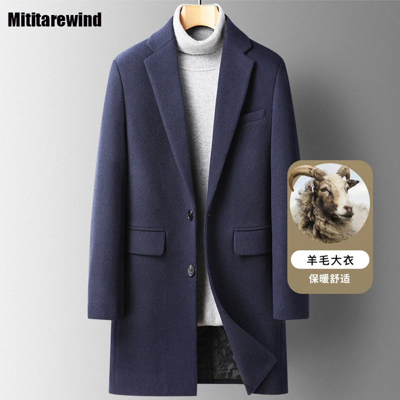 

New Winter Long Coat 46% Wool Blends Coat for Men Slim Solid Color Twill Woolen Coats Thickened Warm Windbreaker Simple Fashion