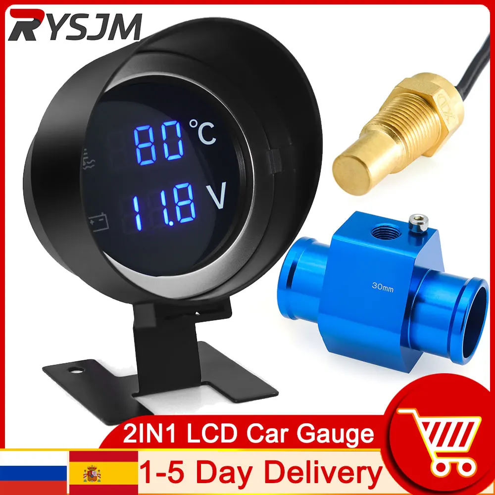 Car Digital Led Water Temperature Gauge -10-110 Celsius With Water Temp Joint Pipe Sensor 10MM Adapter 1/8NPT Voltmeter 2 IN 1