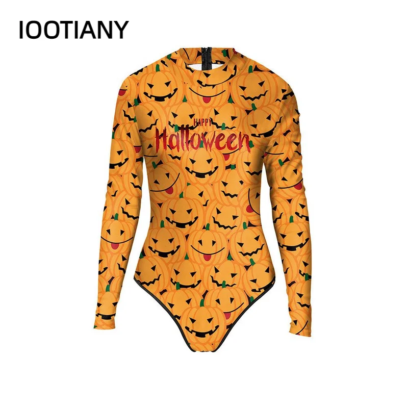 2023 Halloween's Pumpkin Print Women One-Piece Swimsuit Summer Casual Long Sleeve Beachwear Bathing Suit Sexy Tight Swimwear