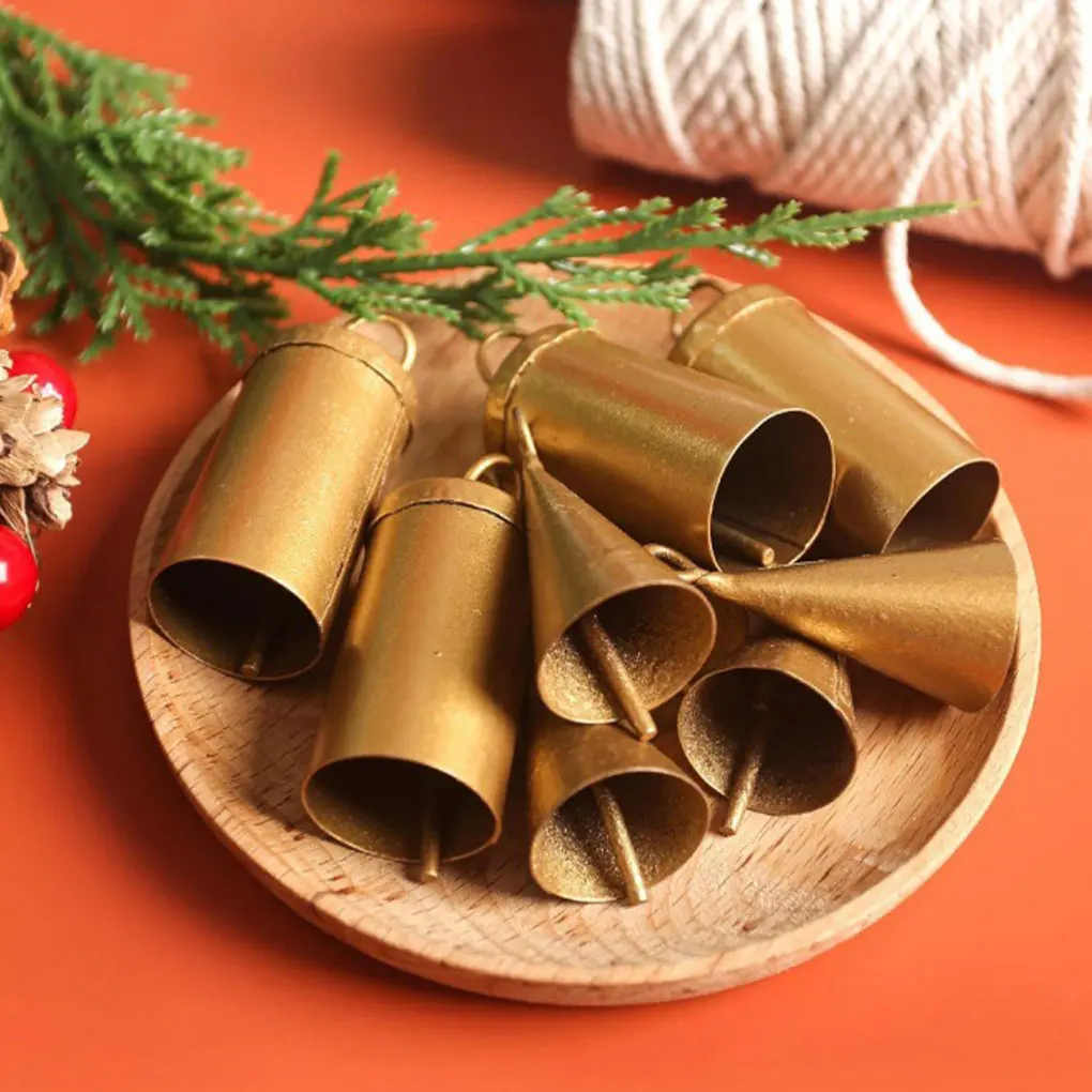 Description Picture 5 of item10PCS Christmas Ornament Bells Conical Barrel Shaped Retro Gold wind Chimes Wall Hanging Christmas Decoration Bell New Year Gift