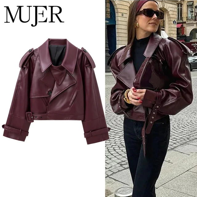 MUJER Faux Leather Bomber Jackets for Women Fashion Cropped Jacket Woman Streetwear Outerwears Long Sleeve Jacket Women Coats 1