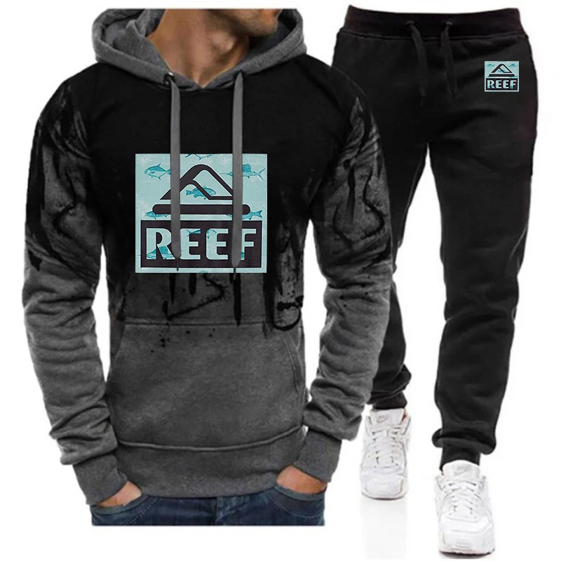 2024 New Men Reef Logo Spring and Autumn Fashion T-shirt Trendy Brand Loose Fit Casual Versatile Hoodies Trousers Gradient Suit 4