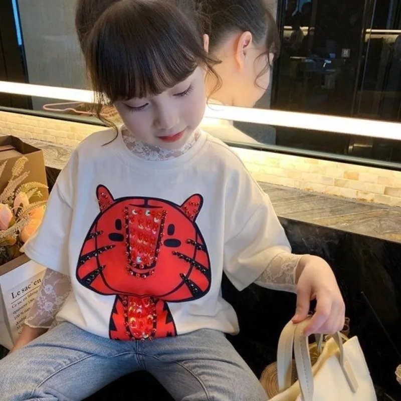 Girls' Lace Bottom Shirt Spring Summer Light Thin Matching Inside Top Children's Elegant Embroidery White Long sleeve Shirt 2