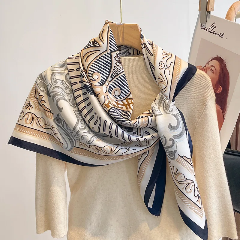 Luxury Brand Silk Scarf Women Satin Shawl Wraps Square Hijab Headscarf Neck Hair Ties Designer Bandana Female Foulard Bufandas 2023 women brand designer scarf fashion oil painting aztec silk scarves square small handkerchief neck snood bag hijab 90 90cm