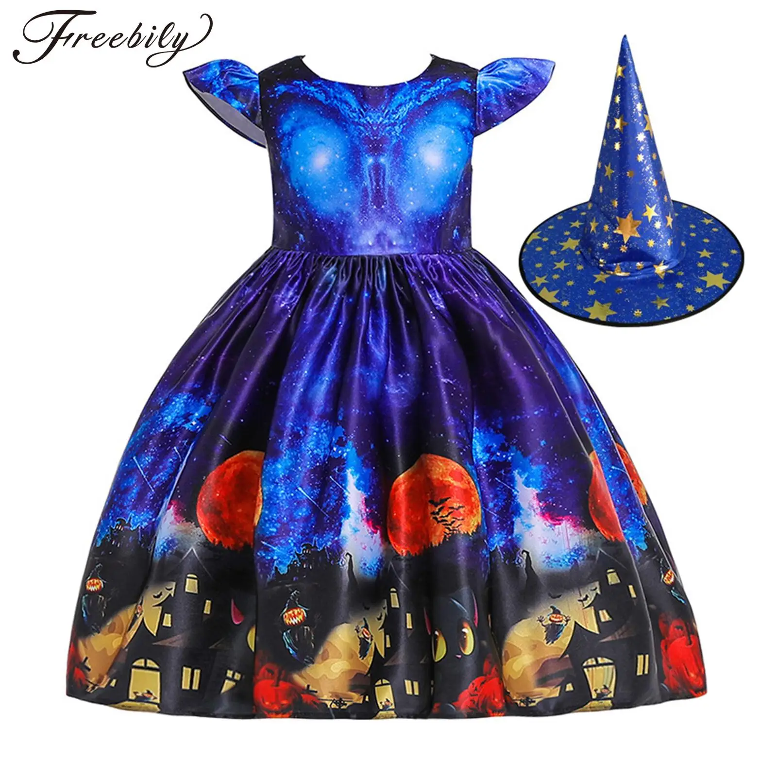 Детский костюм ведьмы для вечеринки на Хэллоуин для девочек, пушистое платье с заостренной шляпой для карнавала, маскарада, волшебного ролевого представления