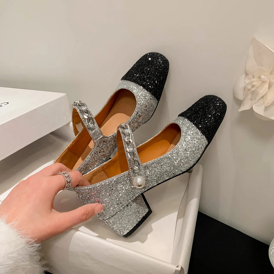 

Glitter Bling Silver White Sequined Mary Jane Shoes Women Strap Buckle Square Toe Genuine Leather Pumps Party Wedding Heels New