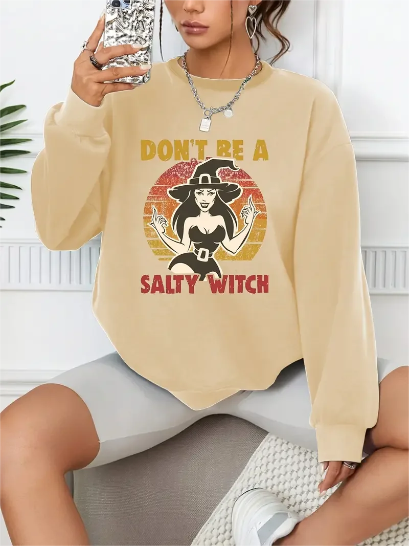Halloween Witch Print Pullover Casual Loose Fashion Long-Sleeved Sweatshirt Solid Color Women's Clothing