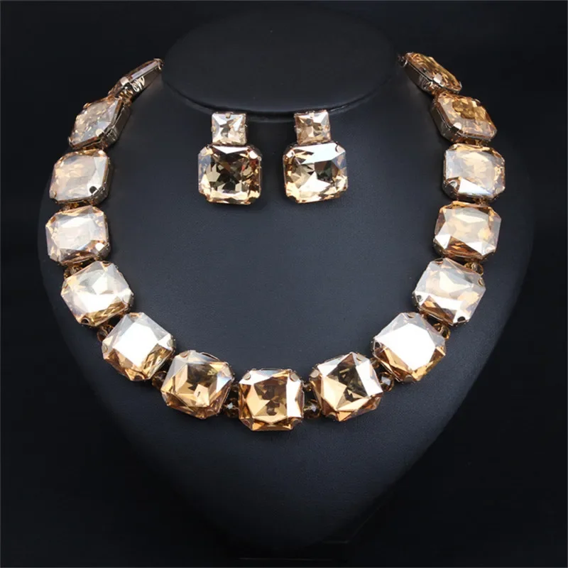 Bohemian Geometric Red Crystal Bridal Wedding Jewelry Sets For Women Statement Rhinestone Gold Color Clavicle Luxury Jewelry bridal jewelry sets crystal jewelry sets