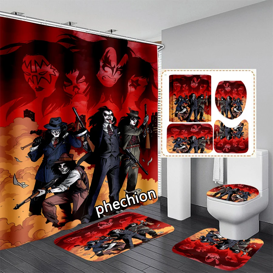 phechion Kiss Band 3D Print Waterproof Bathroom Shower Curtain Toilet Cover Mat Non-Slip Floor Mat (1/3/4Pcs) W74 2