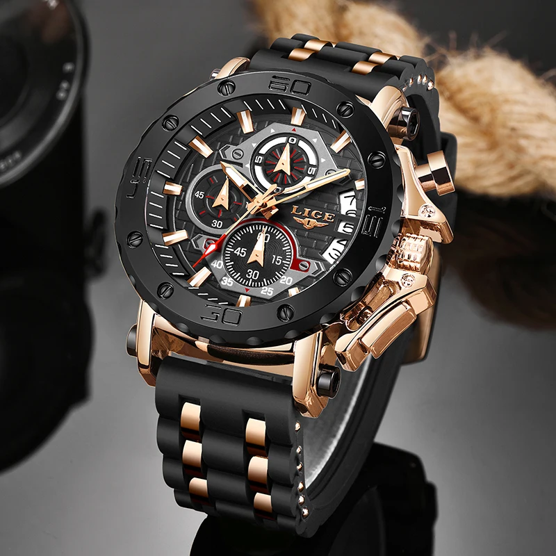 LIGE 2023 New Fashion Leather Watch For Men Sport Quartz Chronograph Wristwatches Top Luxury Military Watch Men Montre Homme+BOX