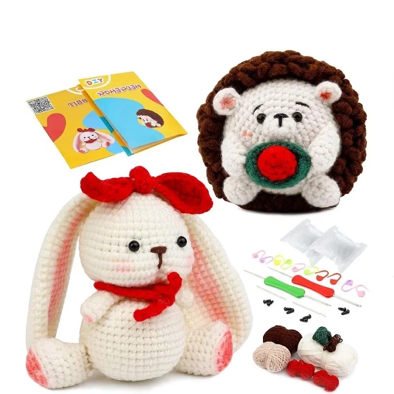 KRABALL Crochet Animal Kit for Beginners With Video Tutorial Cotton Knitting Yarn Thread Needles Hooks Knit Tool Set Accessories