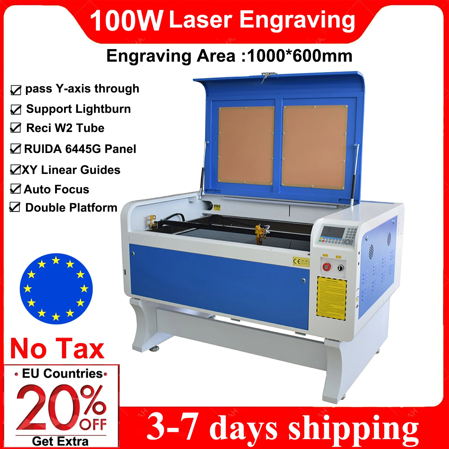 Macchina Per Incisione Laser 100W Incisore Laser Co2 1060 Macchina Da Taglio Laser Co2 Laser Reci W2 Tubo Tessuti In Legno Pelle Eu Stock