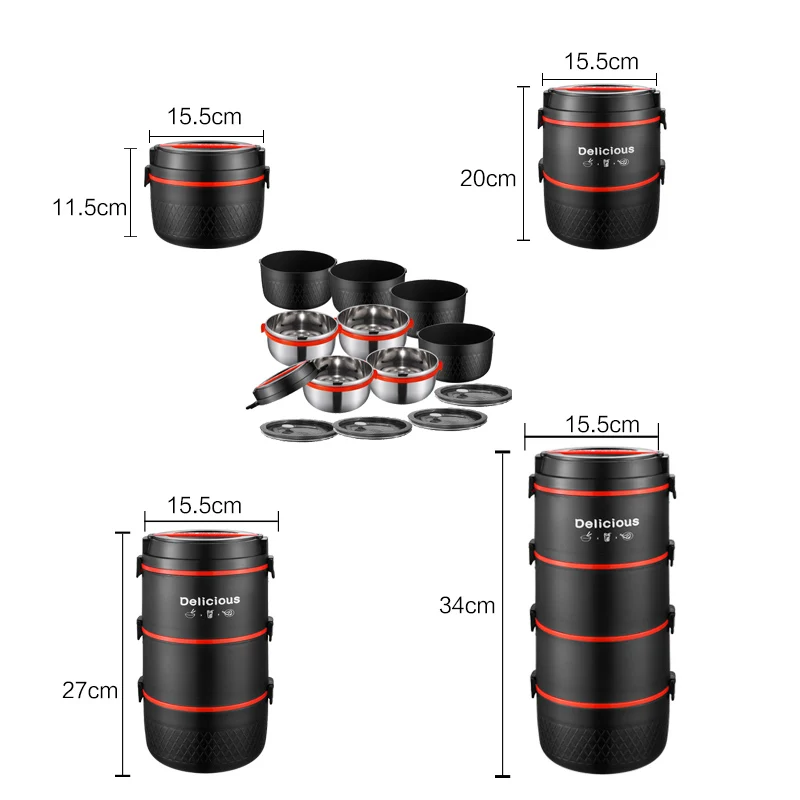 1 2 3 4 strati in acciaio inox Lunch Box per bambini Bambini Scuola Contenitore termico per alimenti Nero Portatile Giapponese Bento Box Set_voghion.com