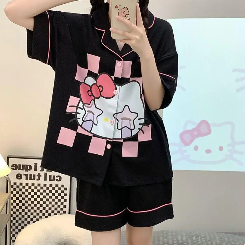 

Kawaii Sanrio Anime Pajamas Creative Hello Kitty Cute Cartoon New Summer Thin Short Sleeved Home Furnishing Set Girls for Gift