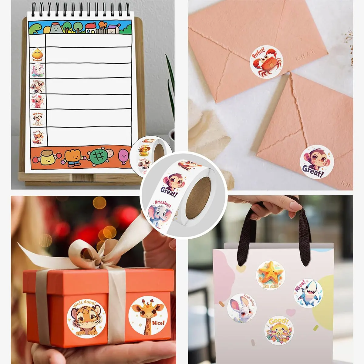 1/3 롤 어린이 스티커 500/1500pcs 대량 귀여운 농장 바다 야생 동물 스티커 동기 부여 문구 보상 스티커 학교 용품