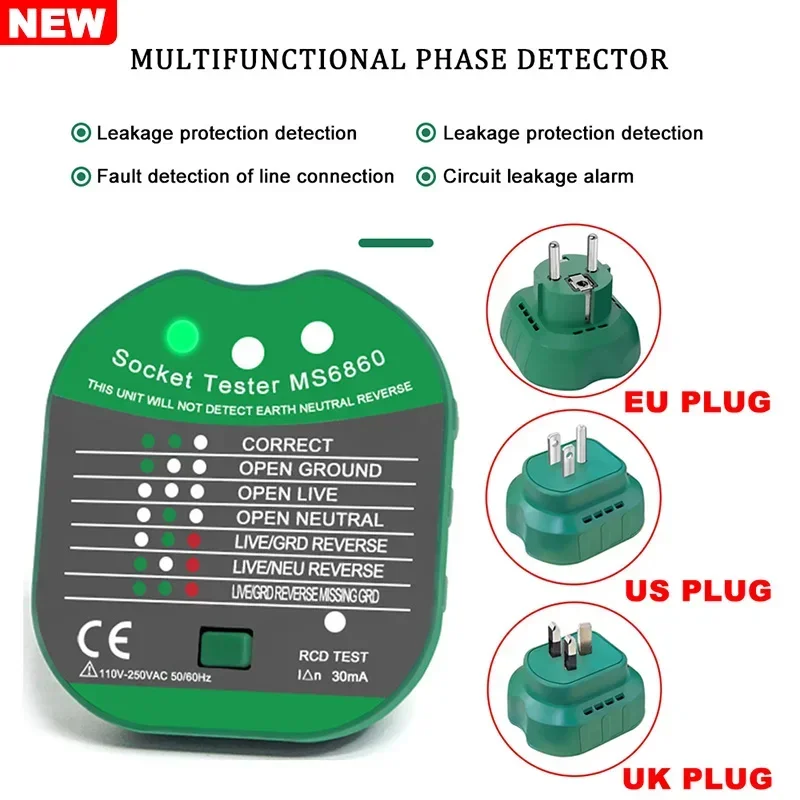 Socket Tester Pro Voltage Test RCD 30mA Socket Detector UK EU Plug Ground Zero Line Plug Polarity Phase Check